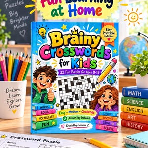 May include: A bright blue activity book titled Brainy Crosswords for Kids featuring illustrations of two children, a crossword grid, and colourful book spines labelled Words, Logic, Vocabulary, Fun, Explore, Discover, Grow, and Believe.