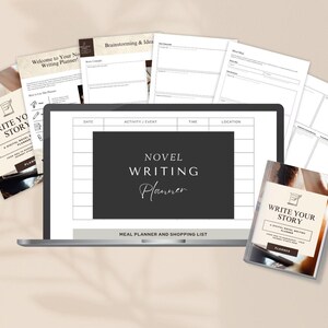 Pode incluir: Um laptop exibindo um planejador de escrita de romances, cercado por planilhas impressas e duas brochuras. A tela do laptop apresenta um layout de grade com o texto "Novel Writing Planner". As brochuras dizem "Write Your Story".