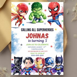 Editable Superheroes Birthday Invitation,Superhero Birthday Invite,Avengers Birthday Party,Superhero, Avengers, Spider Man,Kids Party Invite