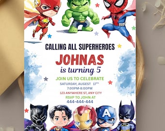 Editable Superheroes Birthday Invitation: Avengers, Spider-Man (Digital Download PDF)