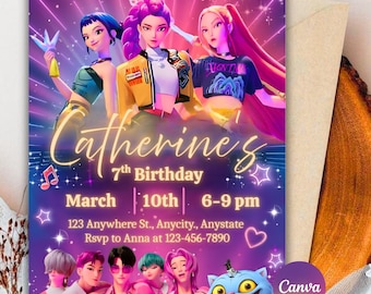 K-pop Demon Hunters Birthday Invitation, K-pop Birthday Template, Kpop Anime Invite, Kids Kpop Party Invite, Music Birthday Invite