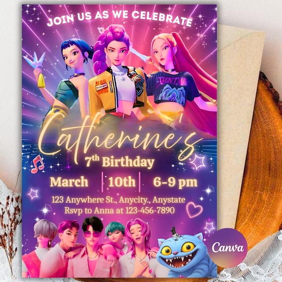 K-pop Demon Hunters Birthday Invitation, K-pop Birthday Template, Kpop Anime Invite, Kids Kpop Party Invite, Music Birthday Invite