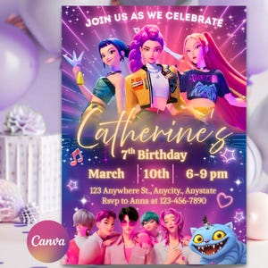 Puede incluir: Una vibrante invitaci&oacute;n de cumplea&ntilde;os con un tema morado y rosa. La invitaci&oacute;n presenta ilustraciones estilizadas de tres mujeres y un grupo de personas. El texto incluye "&Uacute;nete a nosotros para celebrar", "7&ordm; Cumplea&ntilde;os de Catherine", fecha, hora e informaci&oacute;n de RSVP.