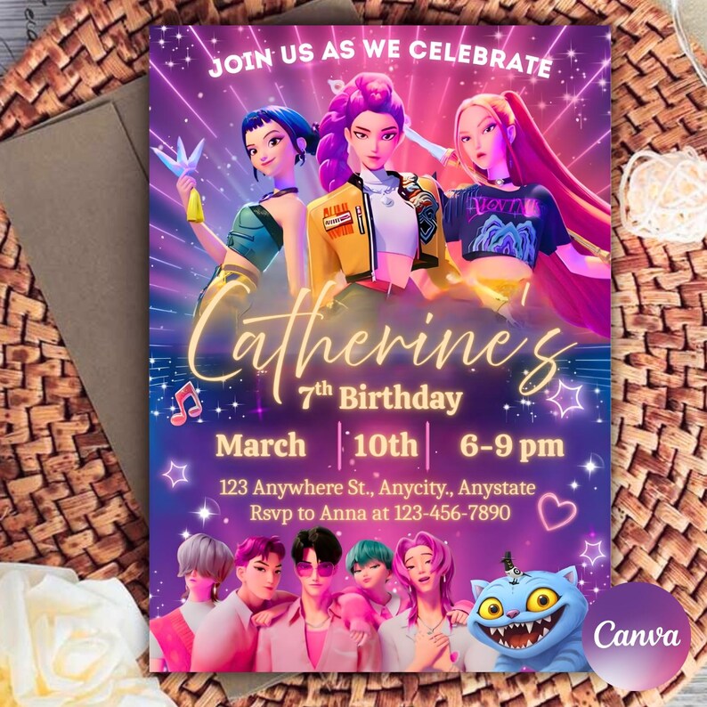 Puede incluir: Una vibrante invitaci&oacute;n de cumplea&ntilde;os con un fondo p&uacute;rpura, presenta personajes animados y el texto "Join Us As We Celebrate". La invitaci&oacute;n es para el 7&ordm; cumplea&ntilde;os de Catherine, con fecha, hora e informaci&oacute;n de RSVP.