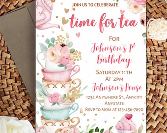 Pink Tea Party Birthday Invitation: Gold Whimsical Design (PDF)