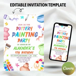 Puede incluir: Plantilla de invitación para una fiesta de pintura de cerámica, con texto colorido e ilustraciones de acuarela de herramientas y suministros de cerámica. La invitación es para el 5º cumpleaños de Alaxnder, con fecha, hora y lugar.