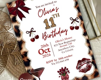 Cheetah Cherries Birthday Invitation, Coquette Bow Party (PDF File)