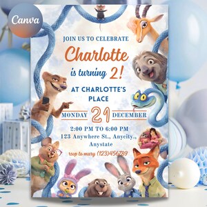 May include: A birthday invitation card featuring Zootopia characters including a fox, rabbit, and sloth. The text reads: JOIN US TO CELEBRATE Charlotte is turning 2! AT CHARLOTTE'S PLACE MONDAY 21 DECEMBER 2:00 PM TO 6:00 PM 123 Anywhere St., Anycity., Anystate rsvp to mary (123)456789.
