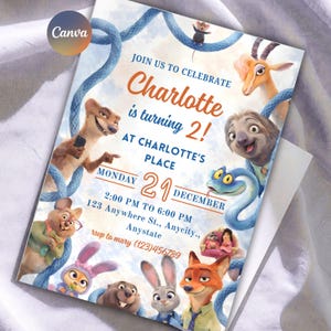 May include: A rectangular birthday invitation card featuring animated animal characters including a fox, rabbit, sloth, and snake. The text reads: JOIN US TO CELEBRATE Charlotte is turning 2! AT CHARLOTTE'S PLACE MONDAY 21 DECEMBER 2:00 PM TO 6:00 PM 123 Anywhere St., Anycity., Anystate rsvp to mary (123)456789.