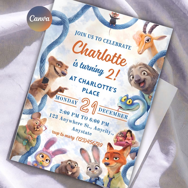 May include: A rectangular birthday invitation card featuring animated animal characters including a fox, rabbit, sloth, and snake. The text reads: JOIN US TO CELEBRATE Charlotte is turning 2! AT CHARLOTTE'S PLACE MONDAY 21 DECEMBER 2:00 PM TO 6:00 PM 123 Anywhere St., Anycity., Anystate rsvp to mary (123)456789.