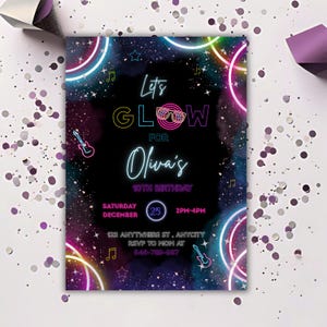 May include: Black invitation with neon pink, blue, and yellow accents. The text reads "Let's GLOW for Oliva's 10th Birthday." Includes musical notes, guitars, and a pair of sunglasses. The date and time are also displayed.