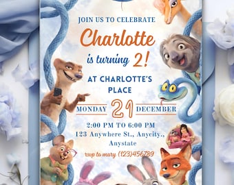 Plantilla editable para invitación de cumpleaños de Zootopia 2, descarga digital para fiesta de animales de Zootopia, invitación de Zootopia, temática de animales, invitación para fiesta infantil.