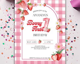 Berry First Birthday Invitation: Strawberry Party Theme (PDF Template 5x7 in)