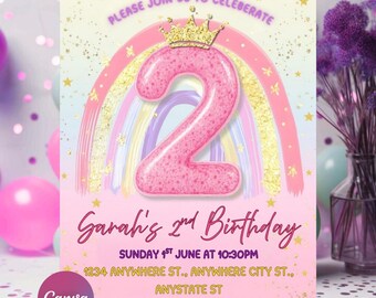 Pastel Rainbow Birthday Invitation, Gold Stars, Princess Party (PDF File Included)
