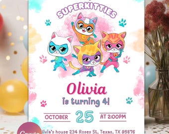 Modèle d'invitation d'anniversaire Super Kitties, fête de chat entre filles (fichier PDF)