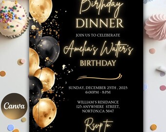 Black Tie Birthday Dinner Invitation, Animated Golden Diamond Evite (Digital)