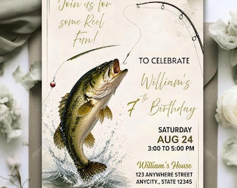 Fishing Birthday Invitation, Reel in the Fun, Fish Theme Party Invite, Fishing Trout Invite, Boy Birthday Invitation Printable