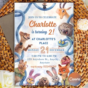 May include: A rectangular birthday invitation card featuring animated animal characters from Zootopia. The text reads: JOIN US TO CELEBRATE Charlotte is turning 2! AT CHARLOTTE'S PLACE MONDAY 21 DECEMBER 2:00 PM TO 6:00 PM 123 Anywhere St., Anycity, Anystate rsvp to mary (123)456789.