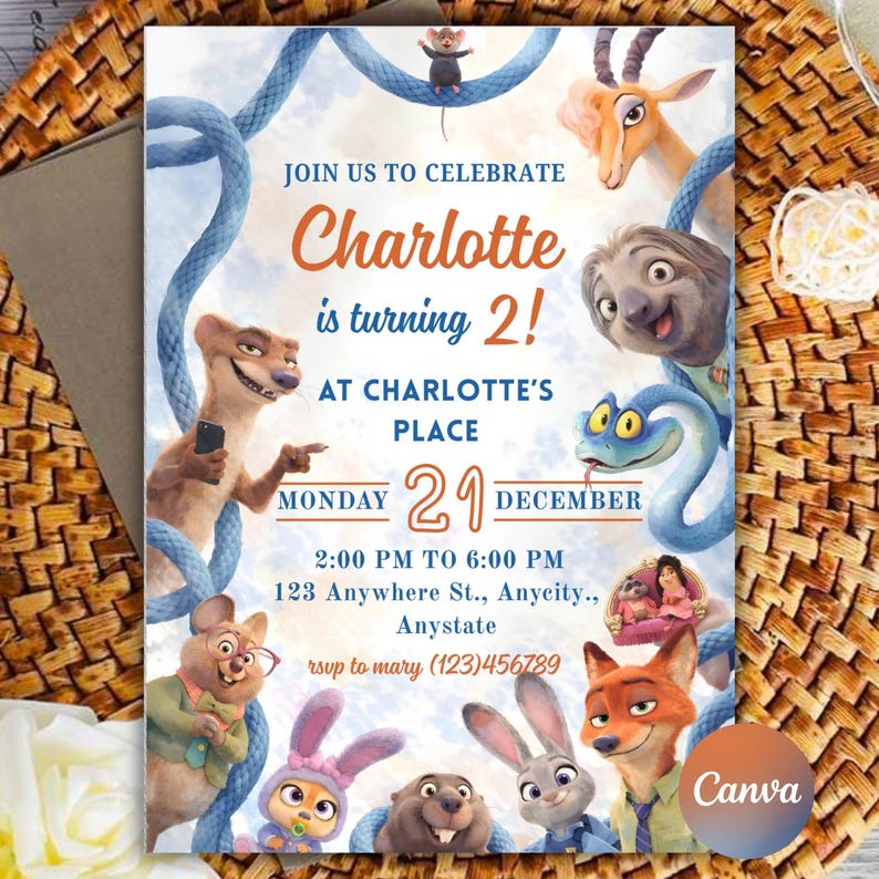 May include: A rectangular birthday invitation card featuring animated animal characters from Zootopia. The text reads: JOIN US TO CELEBRATE Charlotte is turning 2! AT CHARLOTTE'S PLACE MONDAY 21 DECEMBER 2:00 PM TO 6:00 PM 123 Anywhere St., Anycity, Anystate rsvp to mary (123)456789.