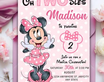 Editable Oh TWOdles Birthday Invitation,Pink Girl Digital 2nd Birthday Cute Mouse Invite,Oh Twodles Invite Boho Minnie Invite Template