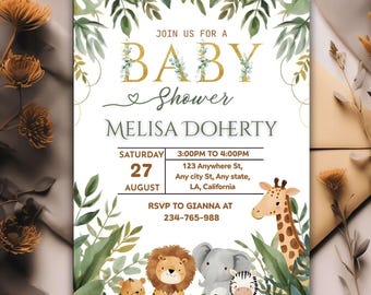 Safari Baby Shower Invitation, Jungle Animals, Canva Template (Digital Download)