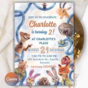 May include: A rectangular birthday invitation card featuring animated animal characters from Zootopia. The text reads: JOIN US TO CELEBRATE Charlotte is turning 2! AT CHARLOTTE'S PLACE MONDAY 21 DECEMBER 2:00 PM TO 6:00 PM 123 Anywhere St., Anycity, Anystate rsvp to mary (123)456789.