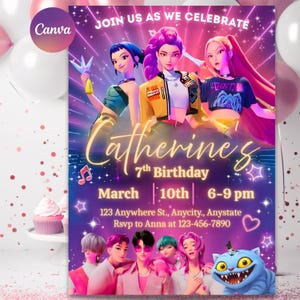 Puede incluir: Una vibrante invitaci&oacute;n de cumplea&ntilde;os con un esquema de color p&uacute;rpura y rosa. La invitaci&oacute;n presenta personajes animados y el texto "Catherine's 7th Birthday" junto con la fecha, la hora y la informaci&oacute;n de RSVP. El logotipo de Canva est&aacute; en la esquina superior izquierda.
