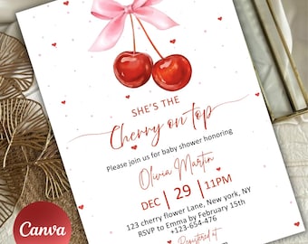 Cherry Baby Shower Invitation, Pink Bow, Editable PDF (Instant Download)