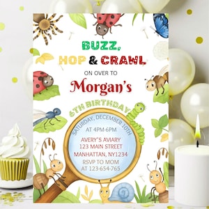 Könnte beinhalten: Eine skurrile Geburtstagseinladung mit Insekten-Thema. Die Einladung zeigt den Text "Buzz, Hop & Crawl" und "Morgans 6. Geburtstag". Sie enthält Details wie Datum, Uhrzeit und Ort: Avery's Aviary, 123 Main Street, Manhattan, NY 1234.