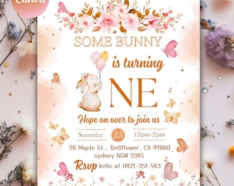 Bunny First Birthday Invitation, Pink Floral Girl Invite (PDF File Included)