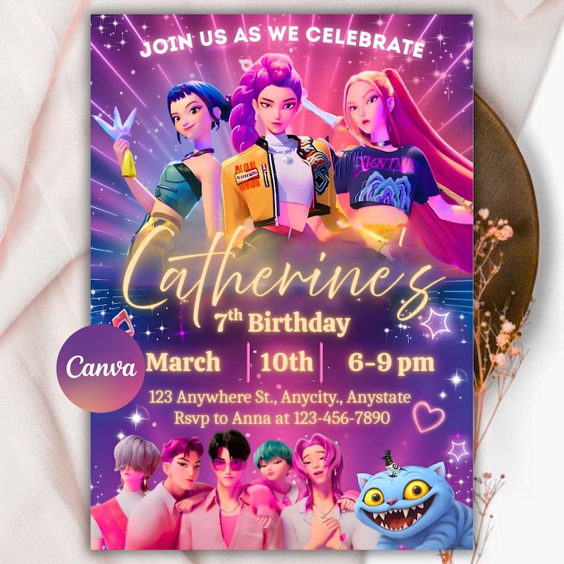 Puede incluir: Una vibrante invitaci&oacute;n para el 7&ordm; cumplea&ntilde;os de Catherine, con personajes animados y el texto "&Uacute;nete a nosotros para celebrar". El dise&ntilde;o incluye un esquema de color p&uacute;rpura y rosa con estrellas y el logotipo de Canva. La fecha es el 10 de marzo, 18-21 h.