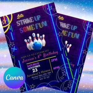 Editable Bowling Birthday Invitation, Glow Bowling Invitation, Neon Bowling, Glow Invite, Strike Up Some Fun, Bowling Birthday Invitation