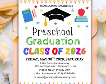 Preschool Graduation Invitation, Pre-K Grad Announcement Card Editable Kindergarten Graduate Party Invite, Class of 2026 PreK Evite