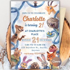 May include: A birthday invitation card featuring animated animal characters including a mouse, gazelle, sloth, snake, weasel, fox, and rabbit. The text reads: JOIN US TO CELEBRATE Charlotte is turning 2! AT CHARLOTTE'S PLACE MONDAY 21 DECEMBER 2:00 PM TO 6:00 PM.