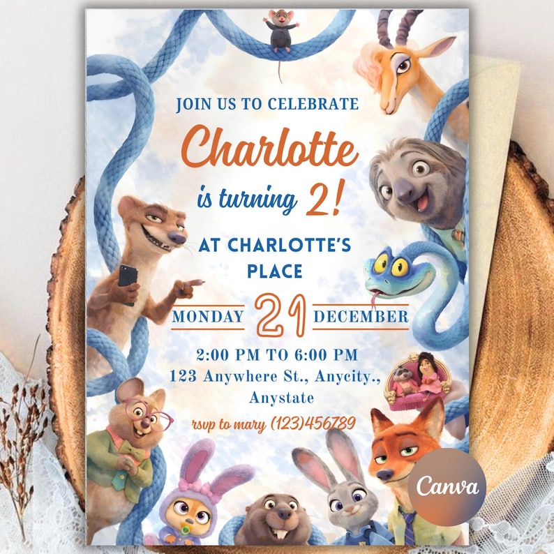 May include: A birthday invitation card featuring animated animal characters including a mouse, gazelle, sloth, snake, weasel, fox, and rabbit. The text reads: JOIN US TO CELEBRATE Charlotte is turning 2! AT CHARLOTTE'S PLACE MONDAY 21 DECEMBER 2:00 PM TO 6:00 PM.