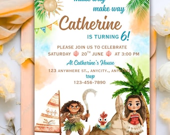 Editable Moana Birthday Invitation, Ocean Theme Party Invite for Girl, Tropical Island Party, Editable Canva Template