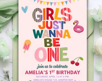 Girls Just Wanna Be One Editable Invitation, 1st Birthday Girl Invite Editable Party Invitation Colorful First Birthday