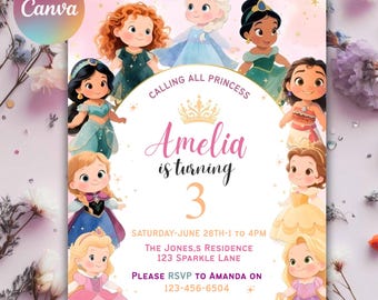 Watercolor Princess Birthday Invitation, Editable Party Invite (PDF)