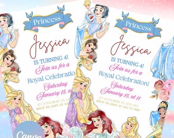 Convite de aniversário de princesa em aquarela: modelo editável do Canva (download em PDF)