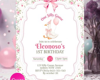 Silly Goose First Birthday Invitation, Pink Gingham, Editable PDF