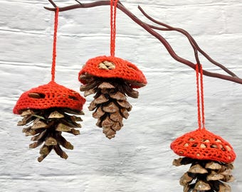 Autumn gift decoration. Pine cone with hanger crocheted from red yarn. Design decorative item autumnal rustic modern genuinely handmade.
