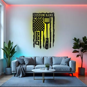 Custom BBQ Sign LED Metal Wall Art, Personalized Grilling Decor, Outdoor Patio Gift, Barbecue Lover Gift, Backyard Grill Wall Art