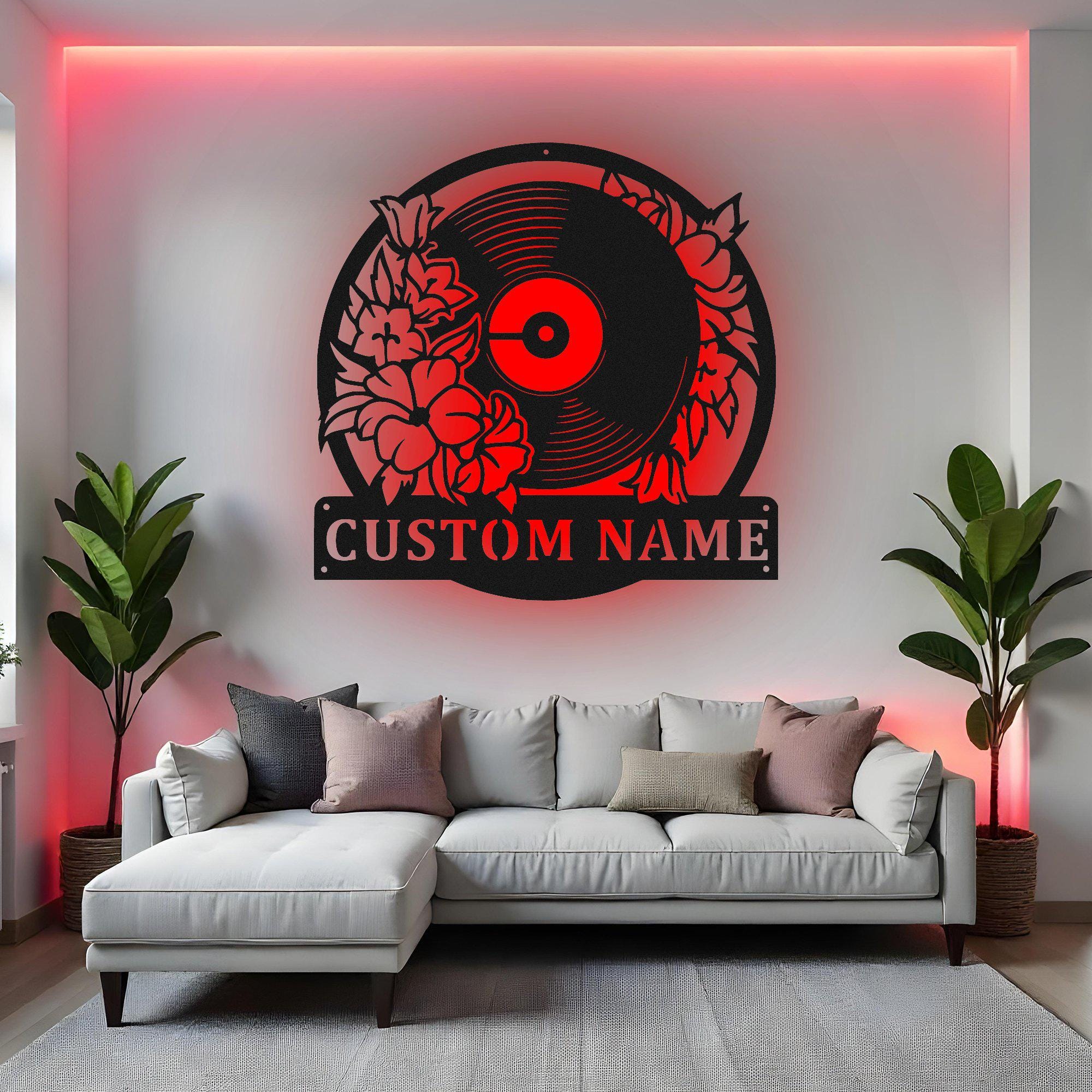 Custom DJ Sign LED Metal Wall Art, Personalized Floral Turntable
