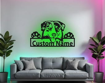 Custom Australian Shepherd Zeichen LED-Metallwand-Kunst, personalisierte Hundename-Dekor-Hundeliebhaber-Geschenk-Hunderaumdekoration