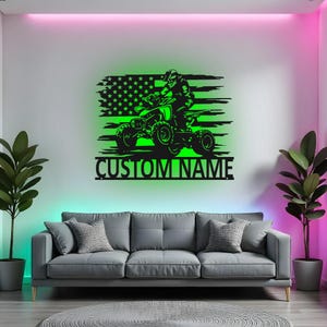 Benutzerdefinierte ATV Rider LED Metallwandkunst, personalisierte Quad Biker Geschenk, Quad Bike amerikanische Flagge Dekor für Man Cave