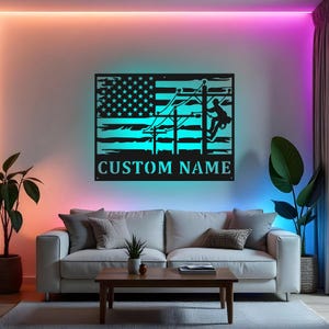 Custom Lineman Sign LED Metal Wall Art, Personalized USA Flag Lineman Decor, Lineman Gift, Utility Worker Home Decor