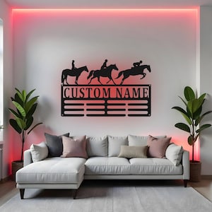 Custom Equestrian Sign LED Metal Wall Art, Personalized Horse Riding Medal Holder, Horse Lover Gift, Medal Display for Rider