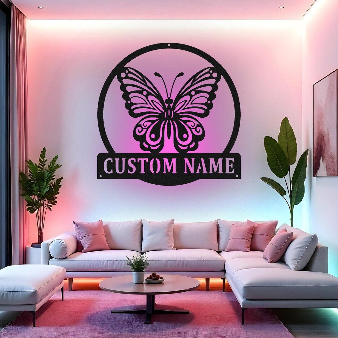 Custom Butterfly Sign LED Metal Wall Art, Personalized Floral Butterfly ...