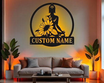 Letrero de yoga Namaste personalizado, arte de pared de metal LED, decoración de estudio de yoga personalizada, regalo de sala de meditación para yoguis.