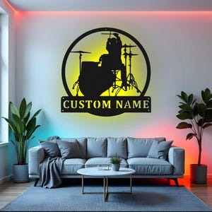 Custom Drummer Sign LED Metal Wall Art, Personalized Musician Gift, Drum Room Decor, Drummer Band Studio Decor